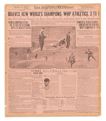 (SPORTS--BASEBALL.) Group of 16 World Series final game newspapers with dramatic headlines.